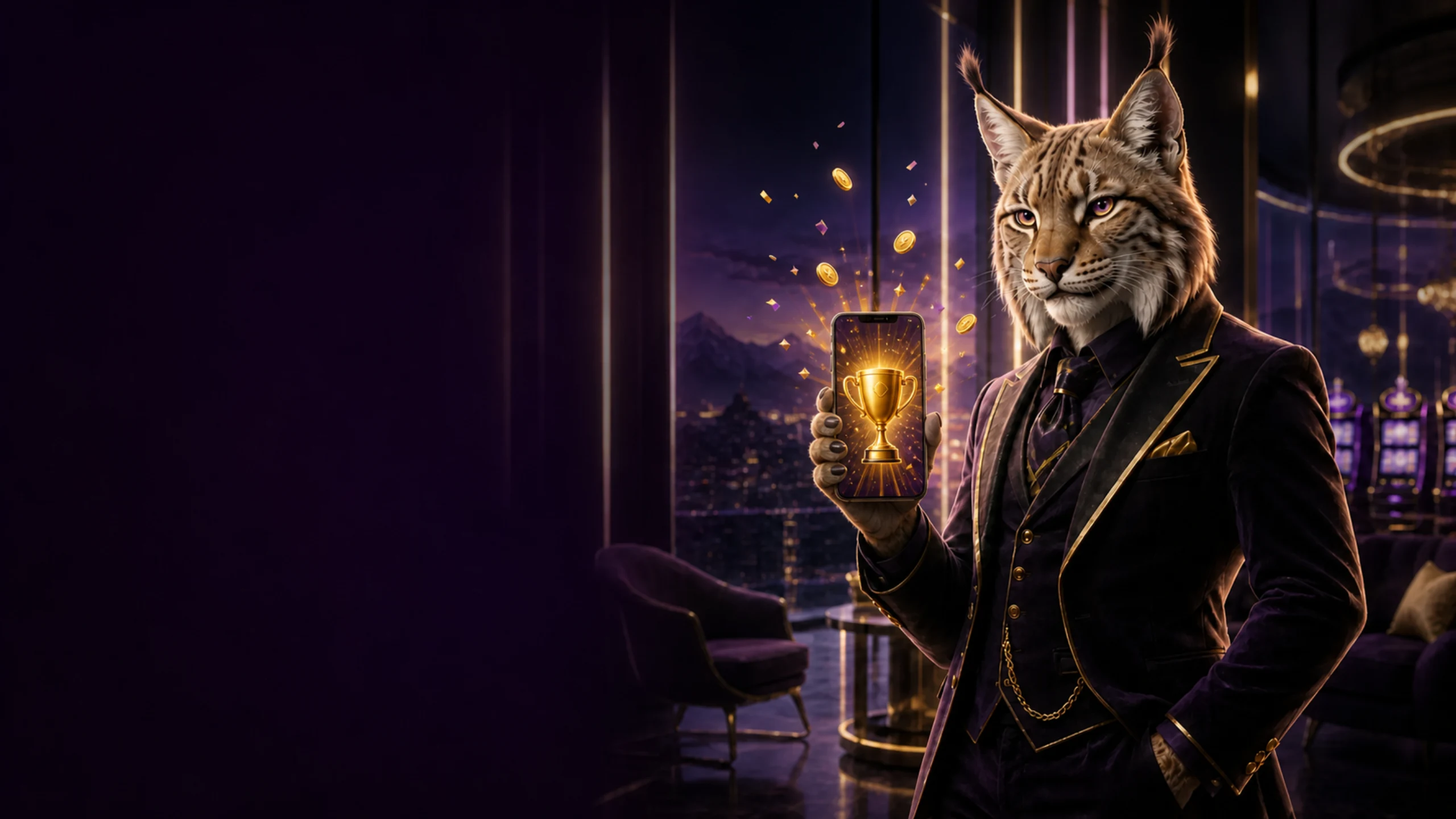 Bizzo Casino App für Österreich mit Luchs-Maskottchen und Smartphone