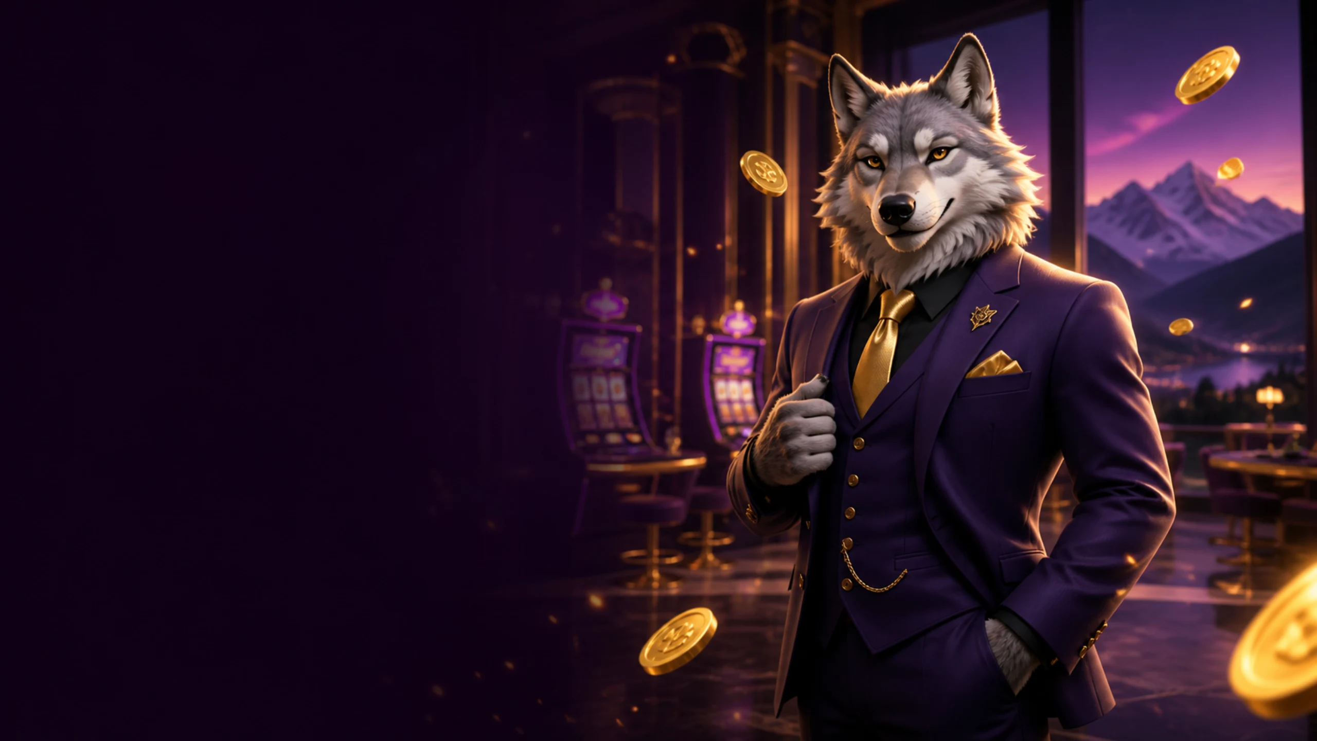Bizzo Casino Österreich – Wolf-Maskottchen im Casinosaal mit Goldmünzen